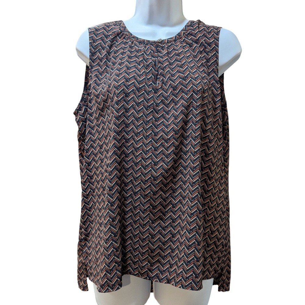 Tommy Hilfiger Womens Sleeveless Chevron Blouse Navy Orange Keyhole Top Large